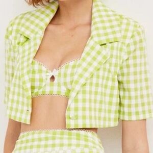 For Love And Lemons Neon Green Check Pattern Blazer, Cropped Jacket, S, NWT